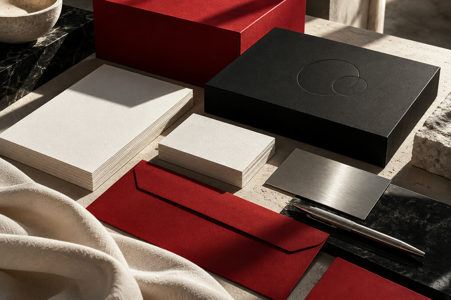 Concepto de identidad visual con papelería y empaques en negro, rojo y plata, generado con IA.